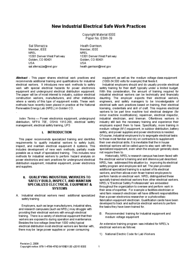New Industrial Electrical Safe Work Practices Paper No. ESW39 Sal
