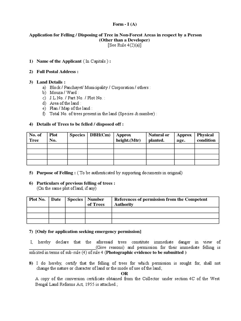 Application For Felling of Trees in Non Forest Areas by An Individual