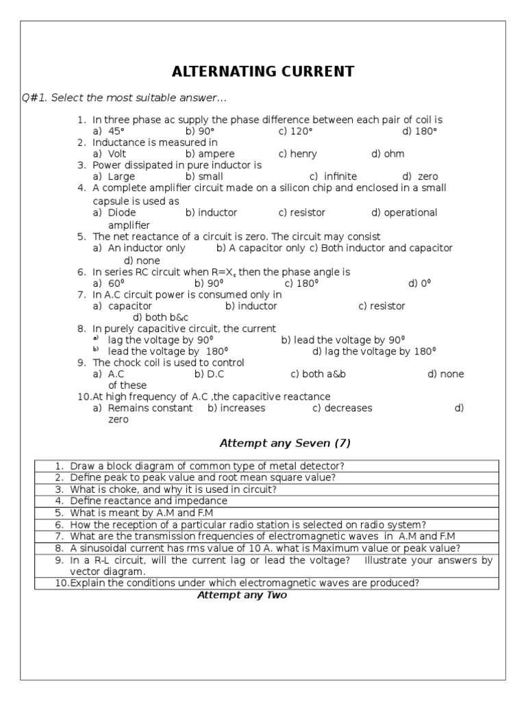 Alternating Current: Q#1. Select The Most Suitable Answer | PDF ...