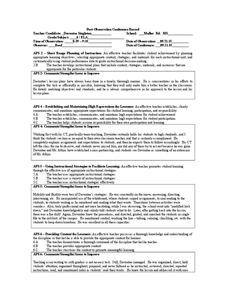 davontaes post observation conference record 1 | Lesson Plan | Teachers