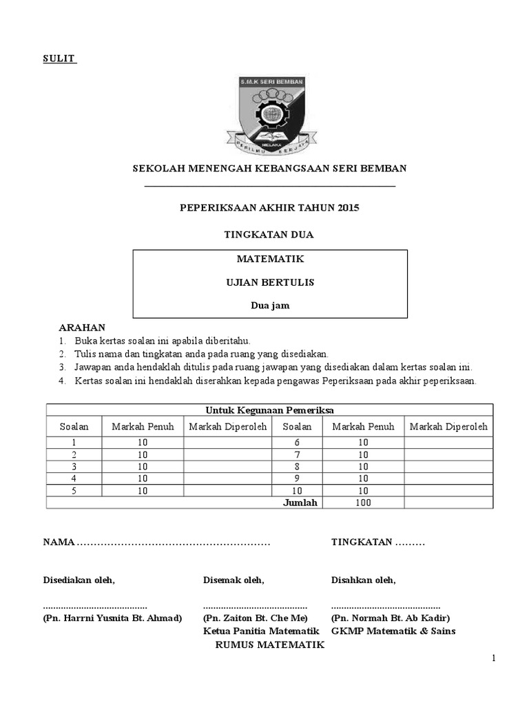 Soalan Matematik Tingkatan 2 Pdf