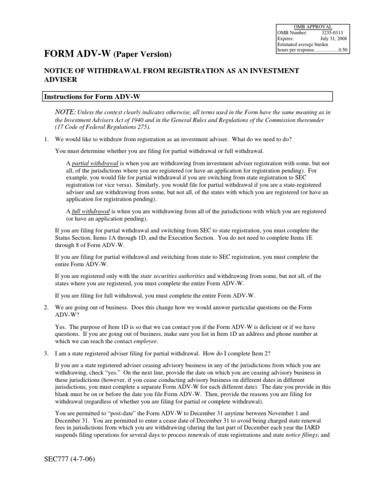 Securities and Exchange Commission (SEC) - Formadv-W | PDF | Equity ...
