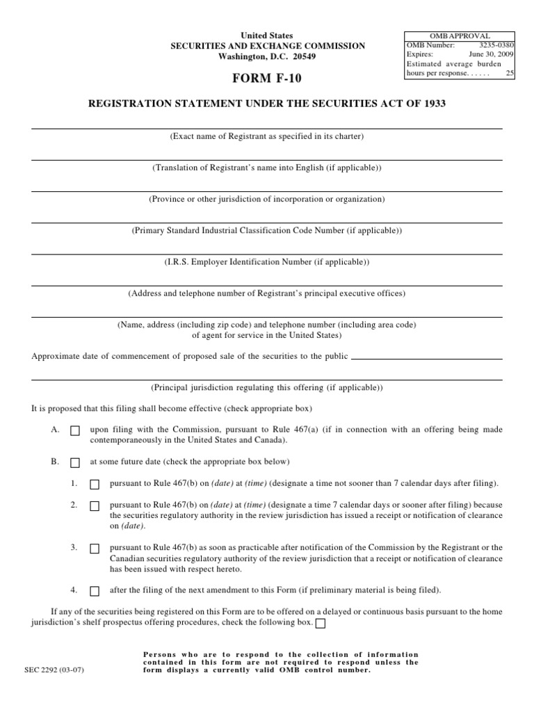 Securities and Exchange Commission (SEC) formf10 Securities Act Of