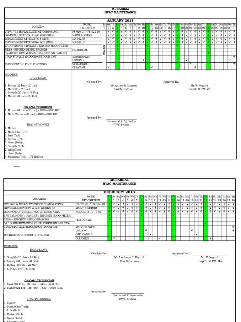 HVAC Monthly Schedule_2013 Hvac Air Conditioning