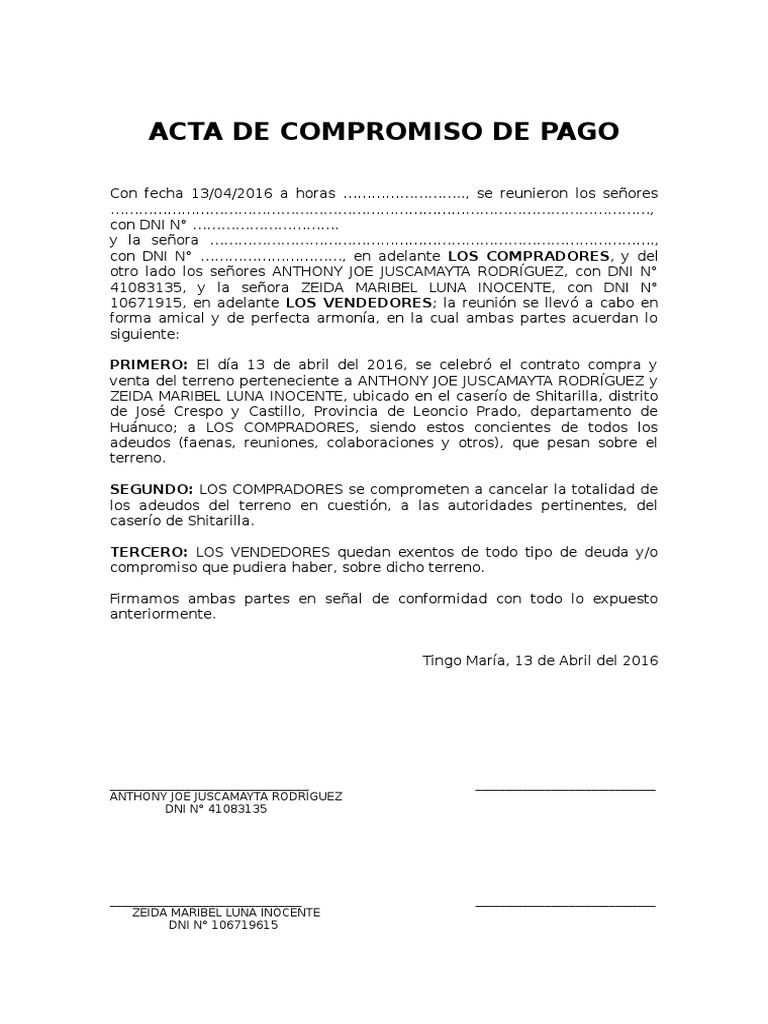 Acta De Compromiso De Pago Pdf