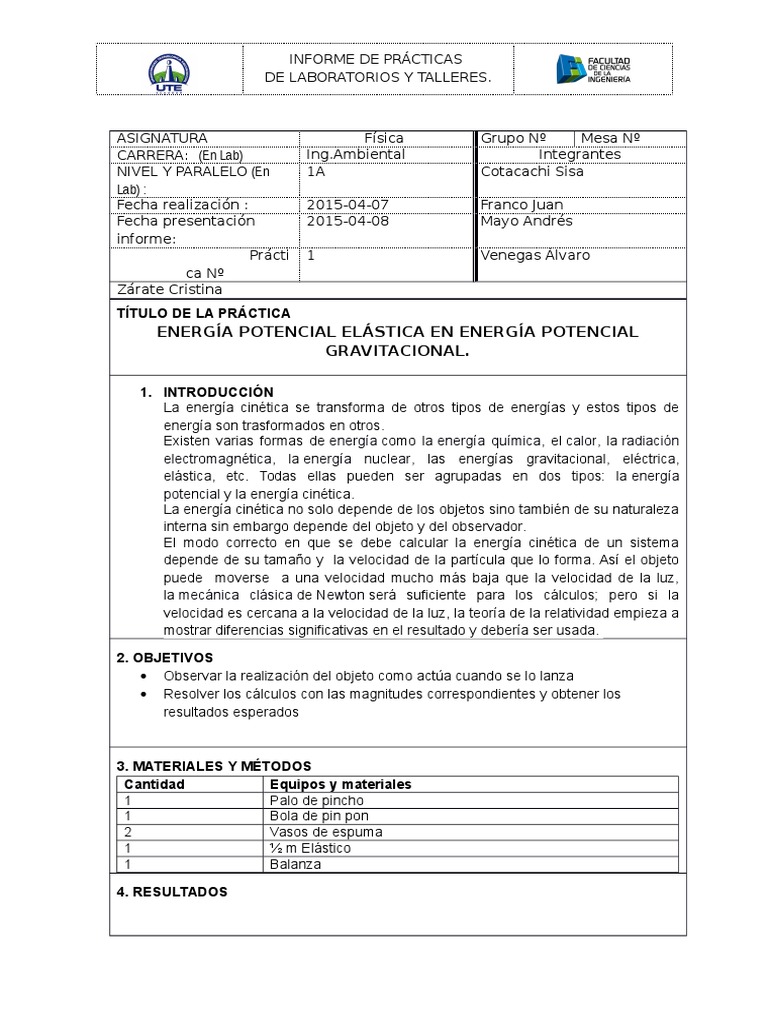 Informe de Fisica Experimento Energía cinética Masa