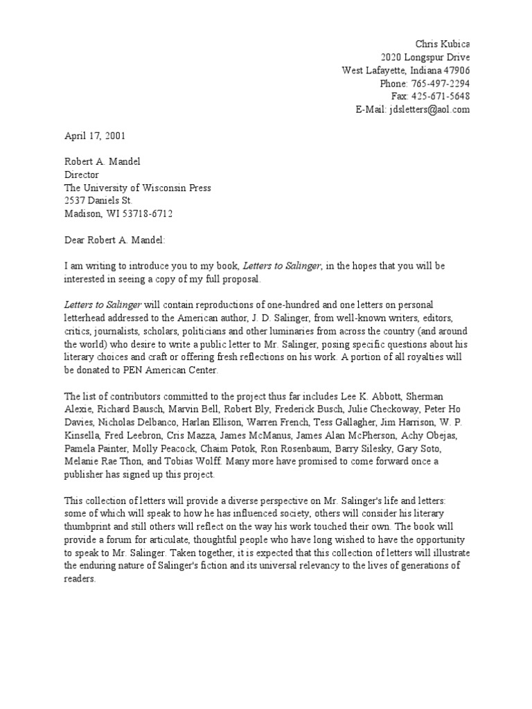 Proposal for Letters to Salinger | PDF