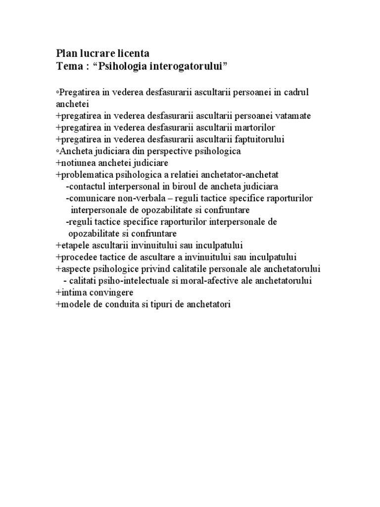 Lucrare De Licenta Psihologie Plan Lucrare de Licenta Psihologie Judiciara | PDF