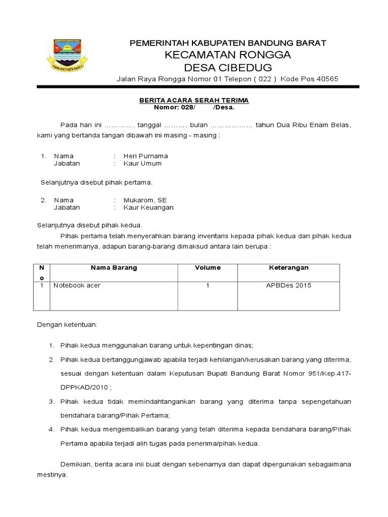 Berita Acara Serah Terima Barang Desa Cibedug 2016