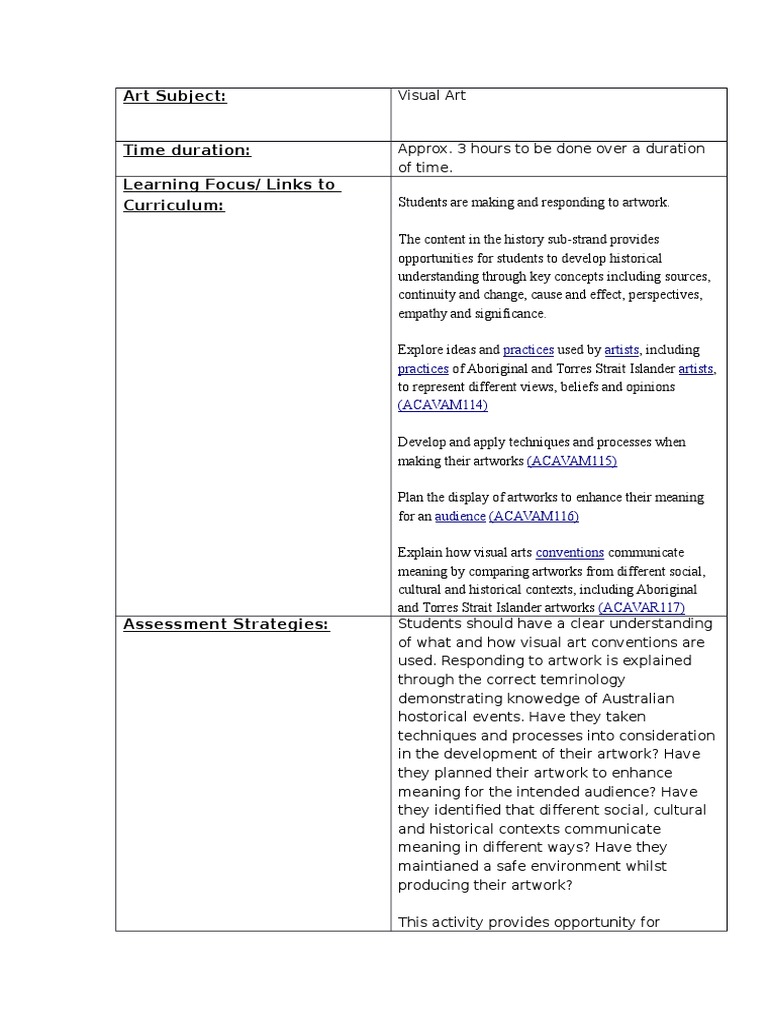 Visual Art Curriculum: Techniques & Assessment | PDF