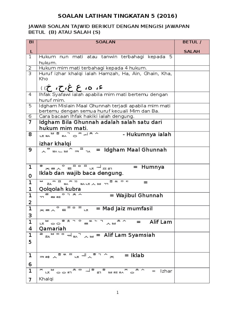 Soalan Latihan Tajwid Tingkatan 5