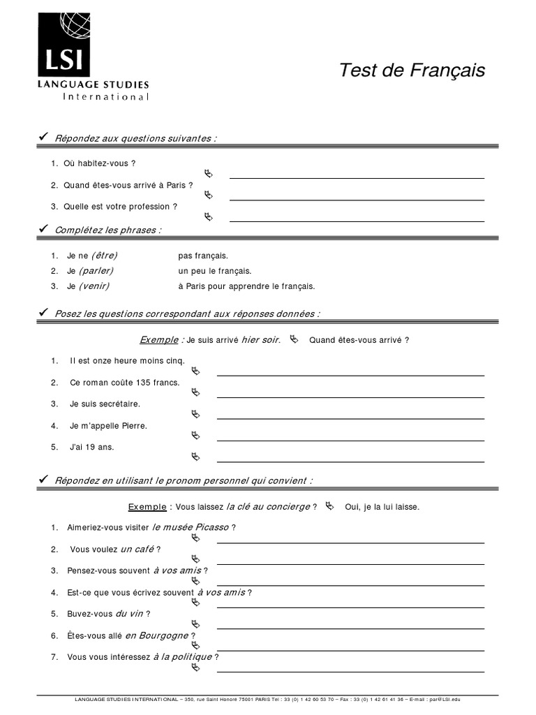 Test de niveau en français | PDF | Langue française | Échecs