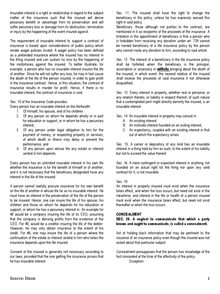 Insurable Interest, Misrepresentation, Concealment and Warranties in