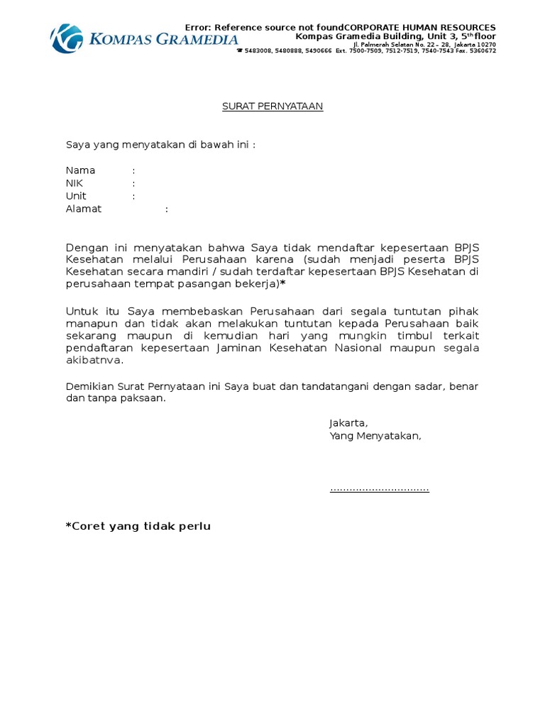 Contoh Surat Pernyataan Ketidak Ikutsertaan Bpjs Pt Jakarta d   k r t .