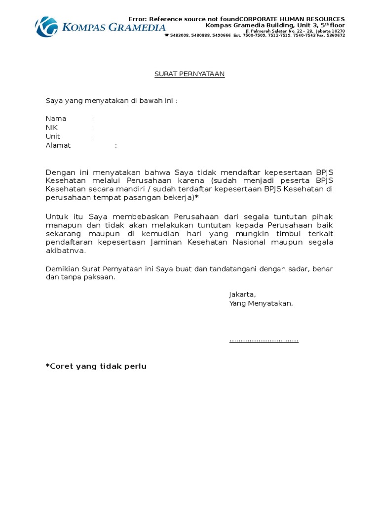 Contoh Surat Pernyataan Ketidak Ikutsertaan Bpjs Pt