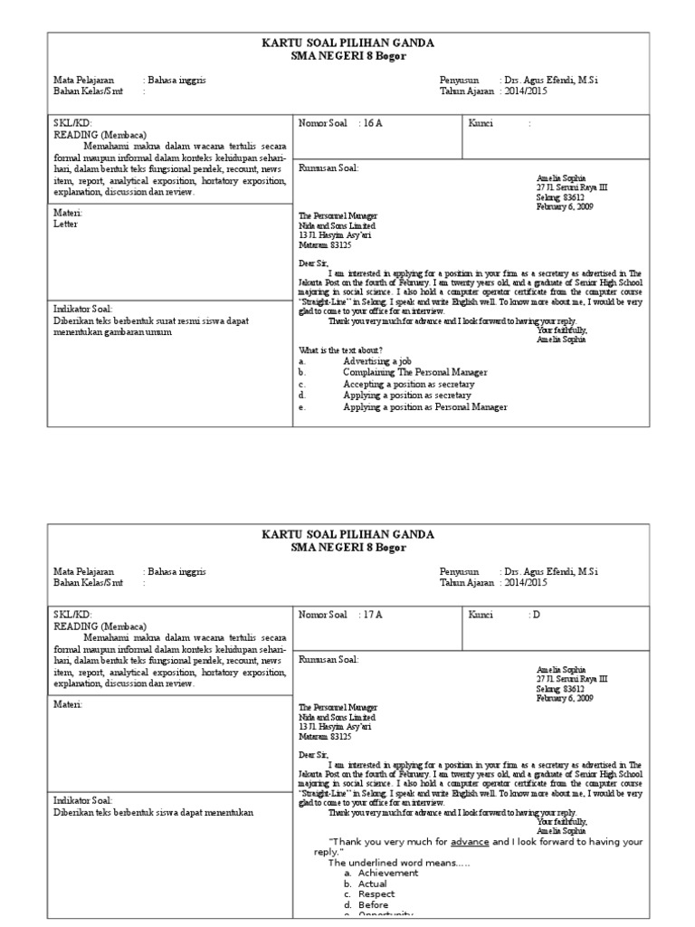 Contoh Kartu Soal Bahasa Inggris Sma Contoh Soal Terbaru