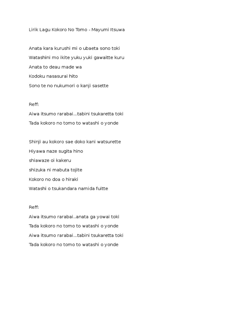 Lirik Lagu Kokoro No Tomo