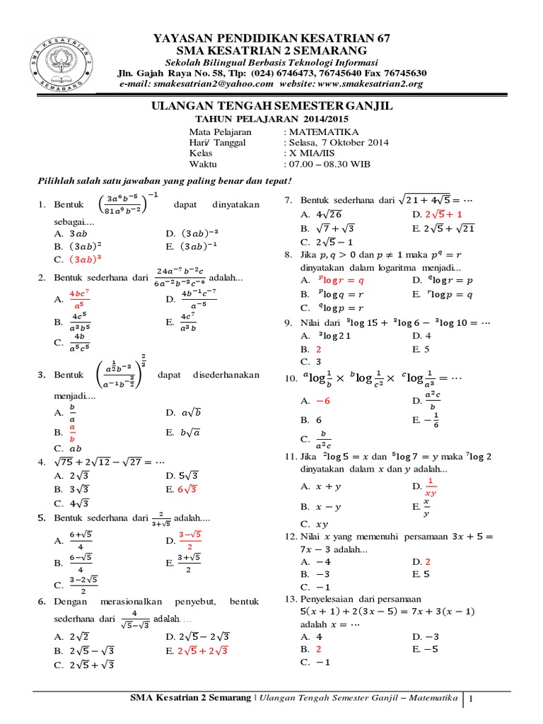 Soal UTS Ganjil Matematika Kelas X Kurikulum 2013