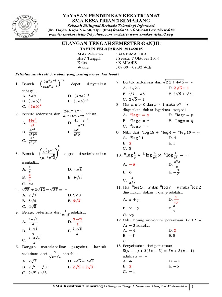 Soal Uts Ganjil Matematika Kelas X Kurikulum 2013
