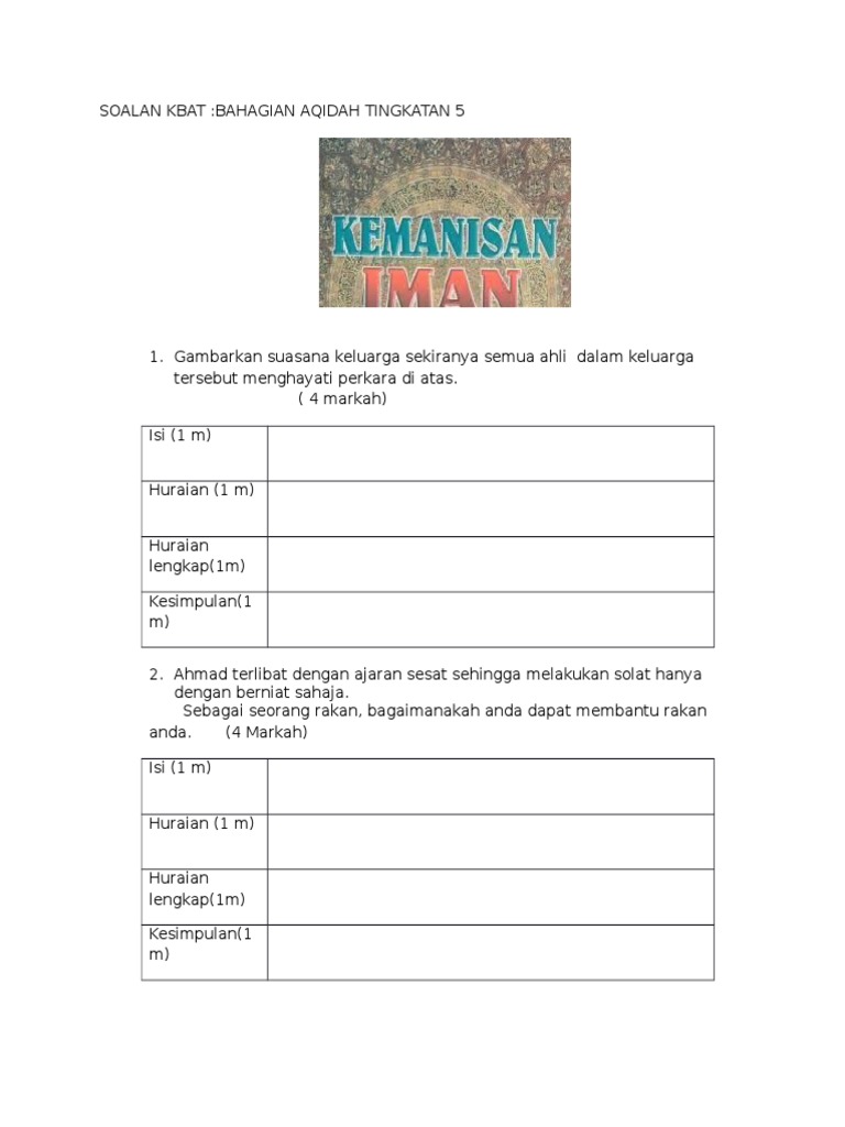 Soalan Kbat Aqidah Tingkatan 5 2016 Pdf