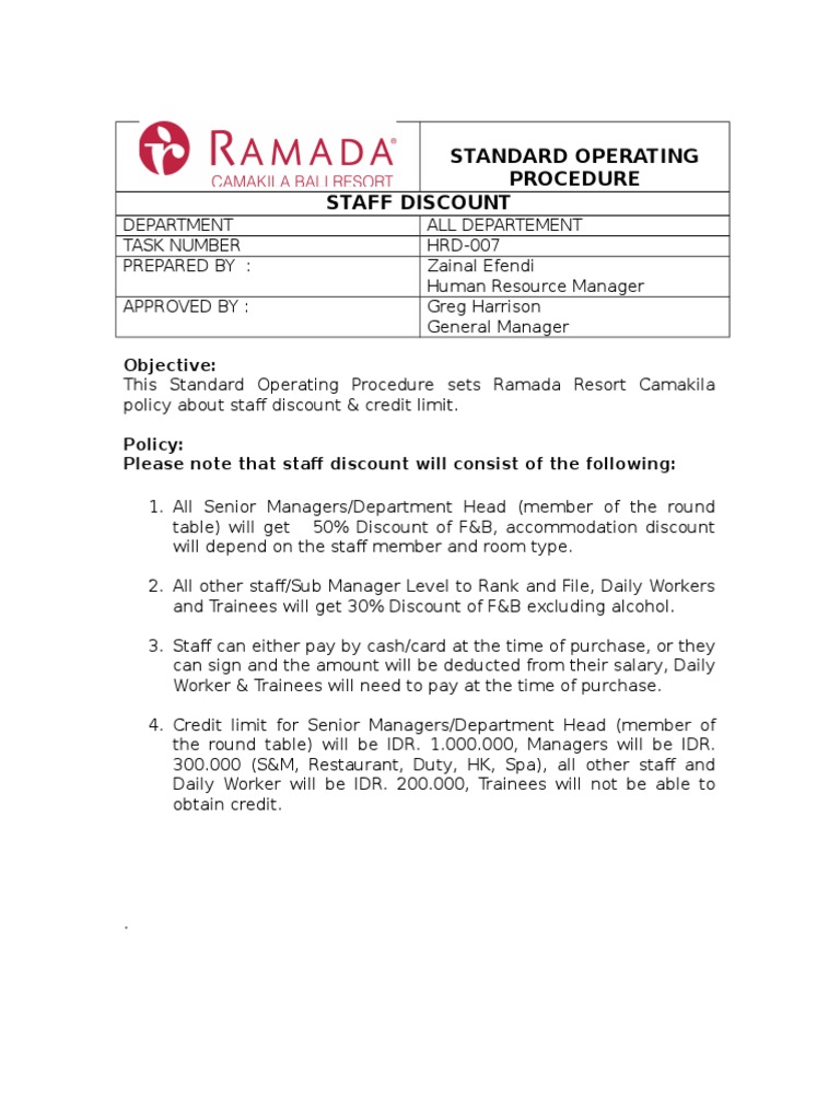 7 SOP Staff Discount