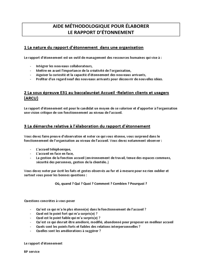 Aide Methodologique Pour Elaborer Rapport D Etonnement Pdf Ressources Humaines Business