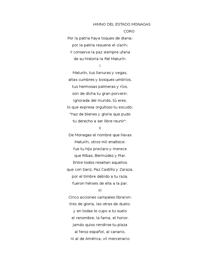 Himno del Estado Monagas: Letra y Significado | PDF
