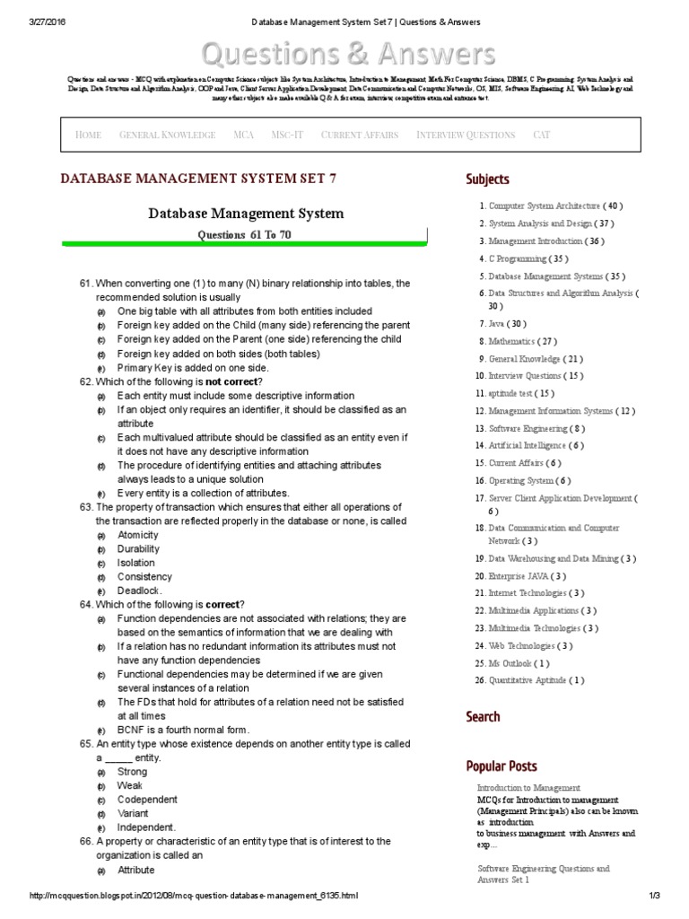 Database Management System Set 7 - Questions & Answers 61-70 | PDF
