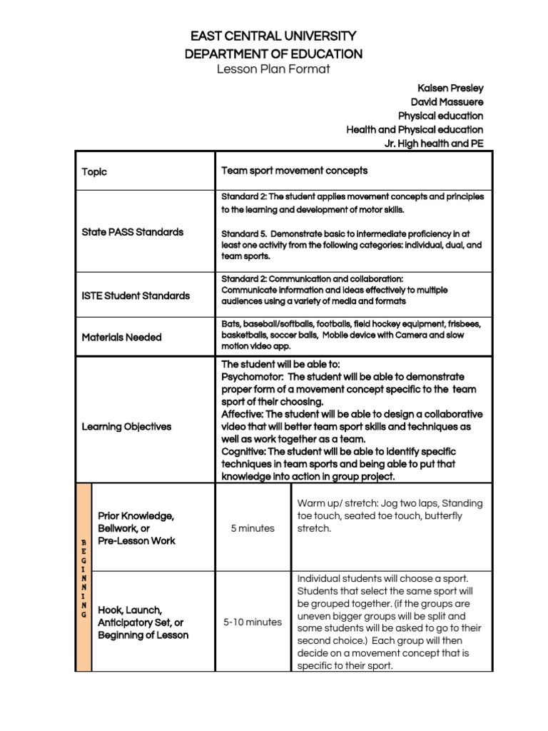 Team Sports Lesson Plan for PE | PDF | Physical Education | Educational ...
