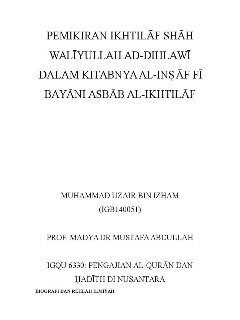 Pemikiran Ikhtilaf Shah Waliyullah Ad Pdf