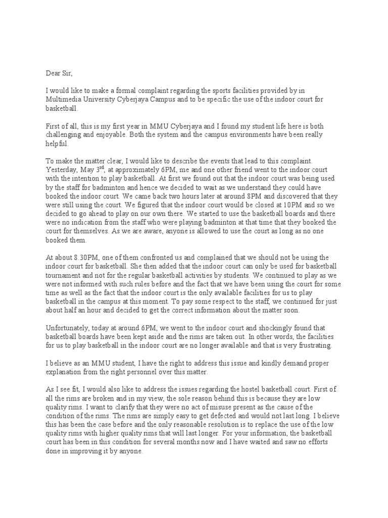 Complaint Letter Indoor Court Basketball Sports