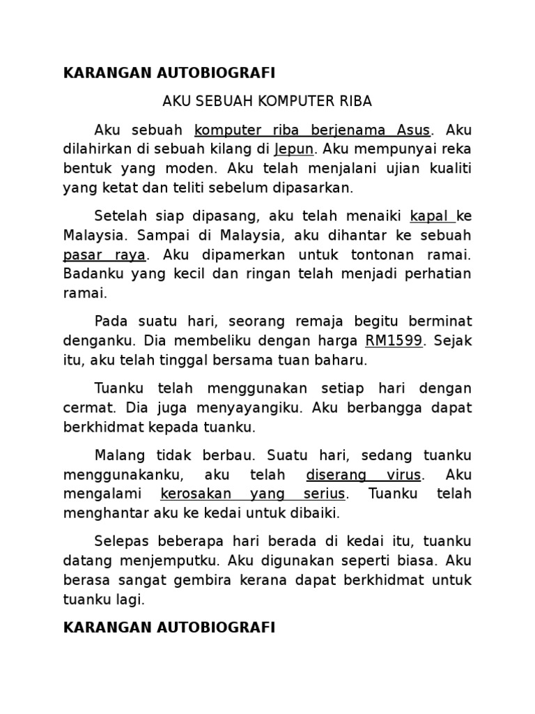 Karangan Autobiografi Komputer Riba | PDF