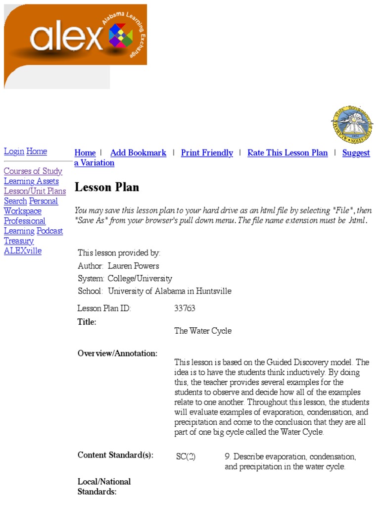Alex Lesson Plan The Water Cycle | PDF | Lesson Plan | Precipitation