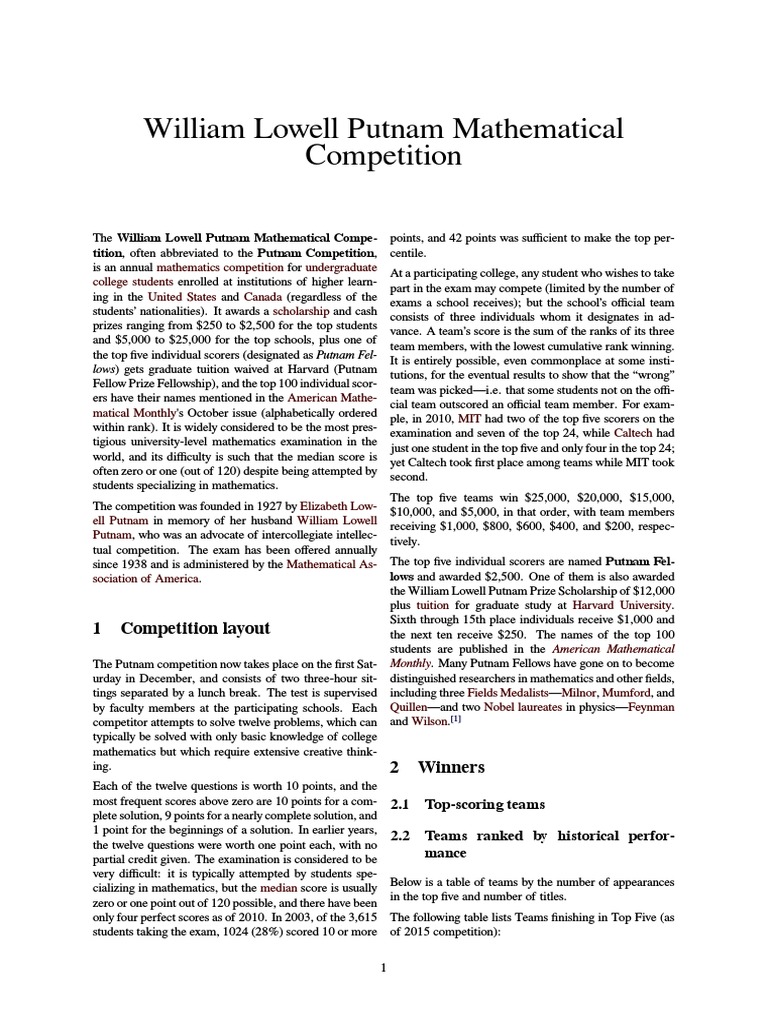 William Lowell Putnam Mathematical Competition PDF Awards Competition