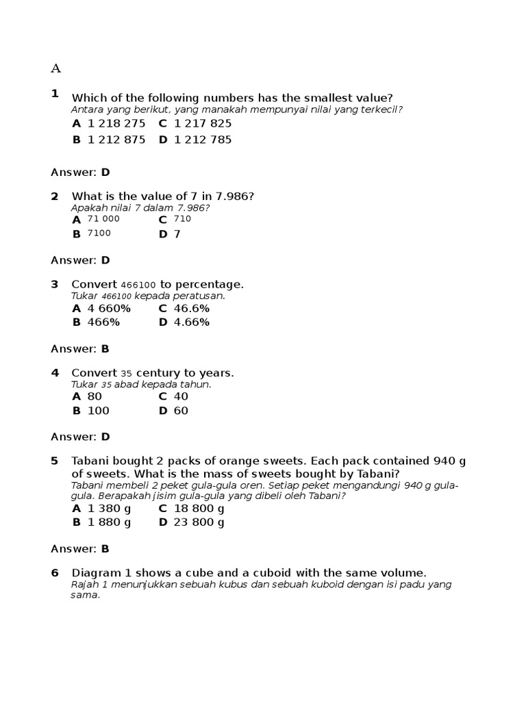 Soalan MatematikBANK TAHUN 5