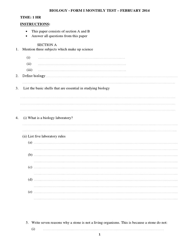 Biology Paper Form 1 | PDF