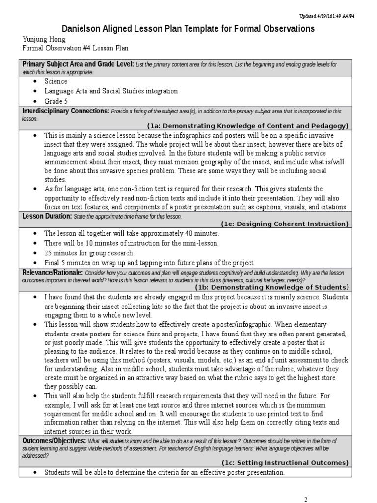Danielson Aligned Lesson Plan Template For Formal Observations PDF