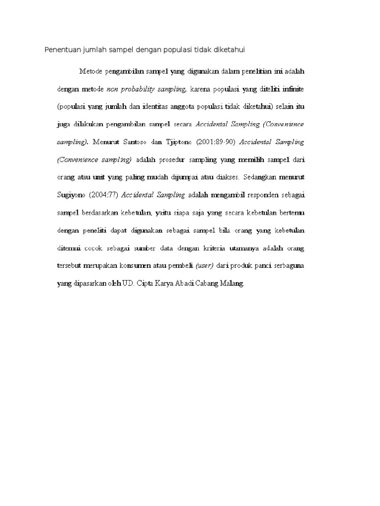 Penentuan Jumlah Sampel Dengan Populasi Tidak Diketahui