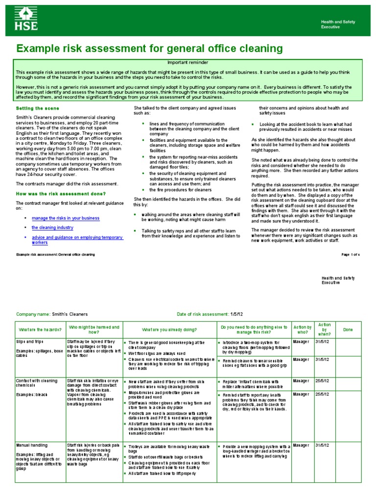 Risk Assessment for Office Cleaning Work Housekeeping Risk