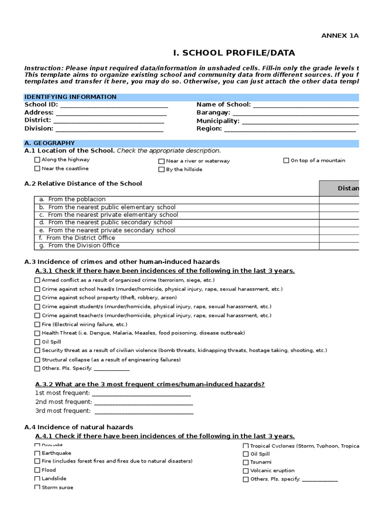 School Annex 1A Data Template | PDF | Natural Hazards | High School ...