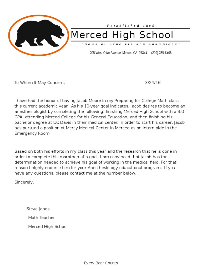 Endorsement for Jacob Moore's Anesthesiology Program | PDF | Self ...