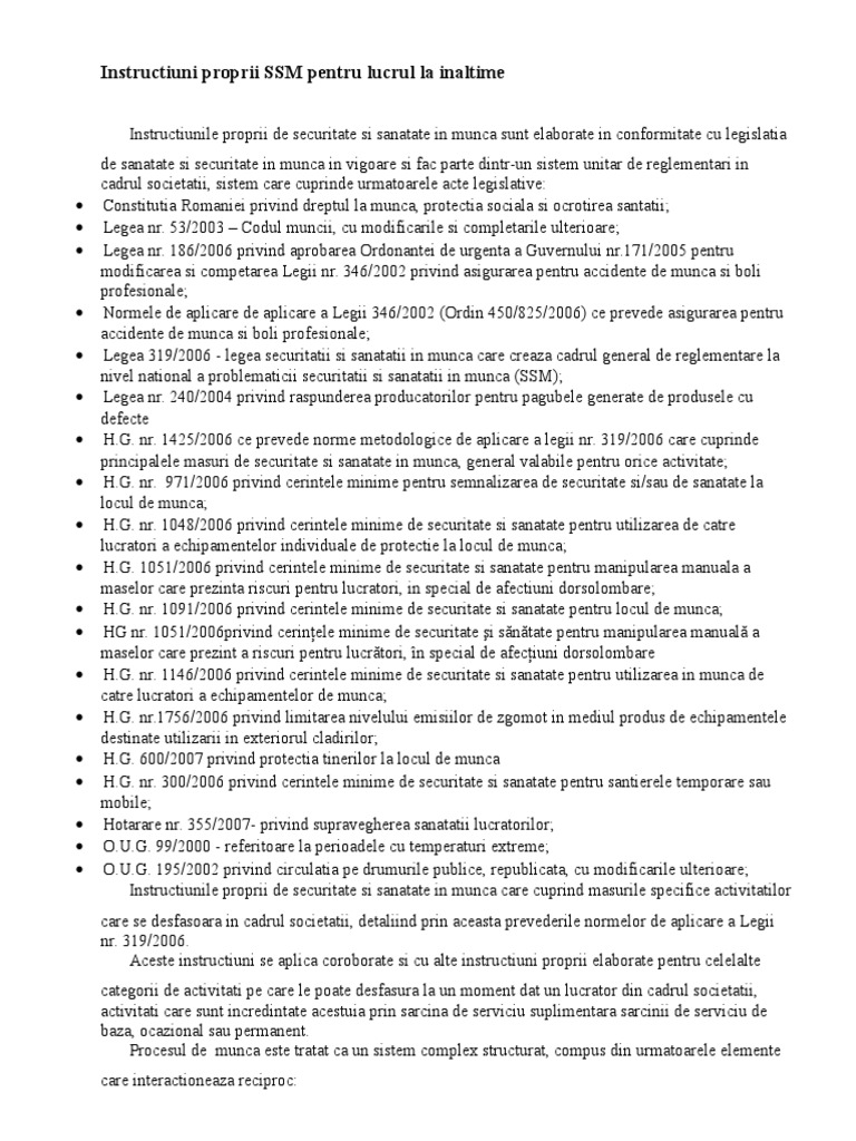 Instructiuni Proprii SSM Pentru Lucrul La Inaltime | PDF