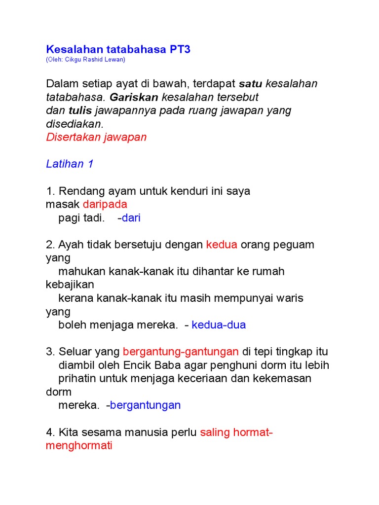 Jwapan Kesalahan Tatabahasa PT3