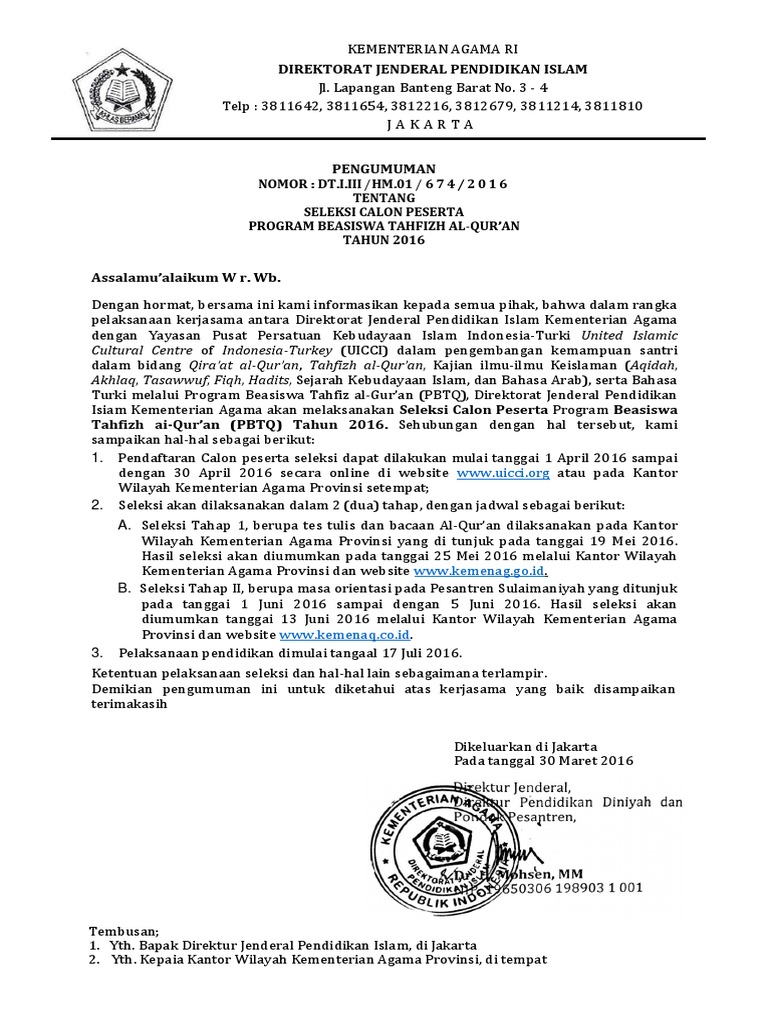 Pengumuman Seleksi Calon Peserta Pbtq 1