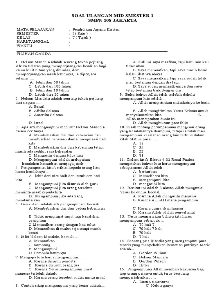 Soal Uts Agama Kristen Kelas 7 Semester 2 Kurikulum 2013 - Dunia Belajar