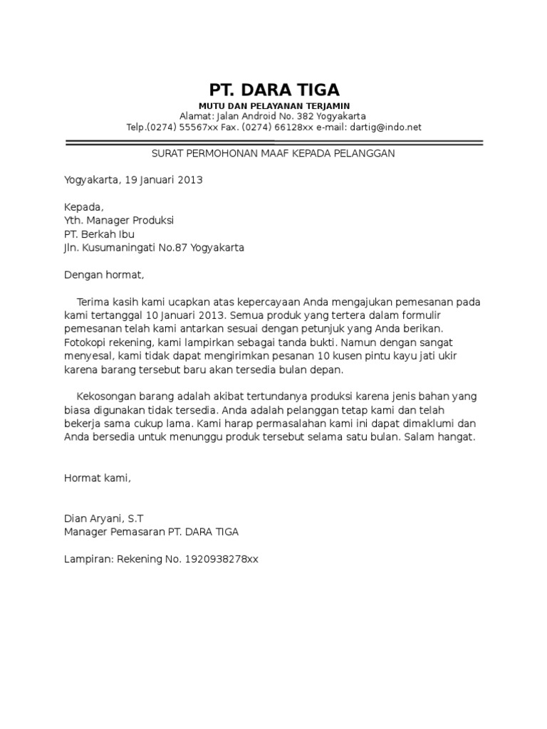 Contoh Surat Permohonan Maaf Kepada Pelanggan Pdf