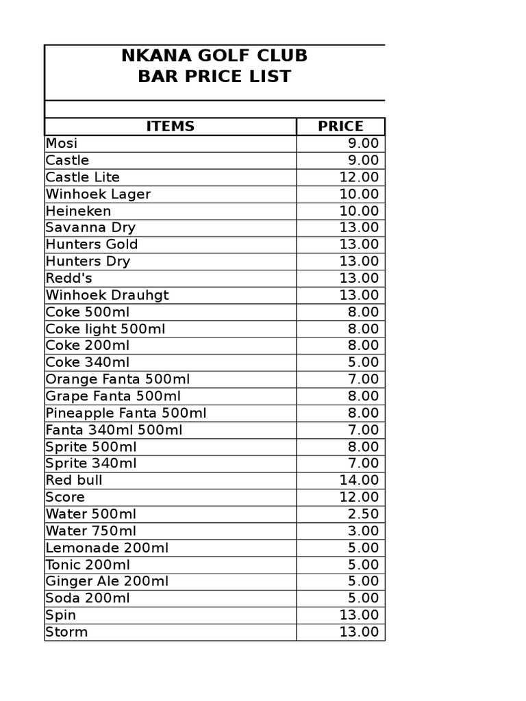 Bar Price List PDF