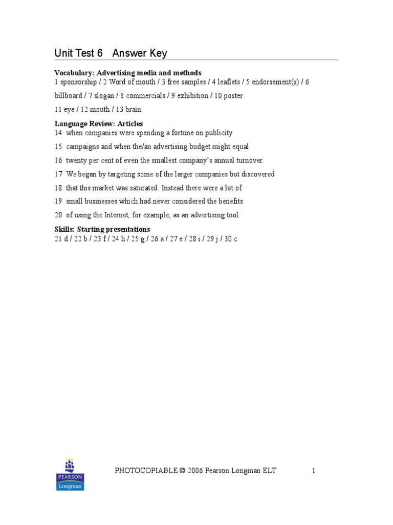 Unit Test 6 Answer Key | PDF | Business