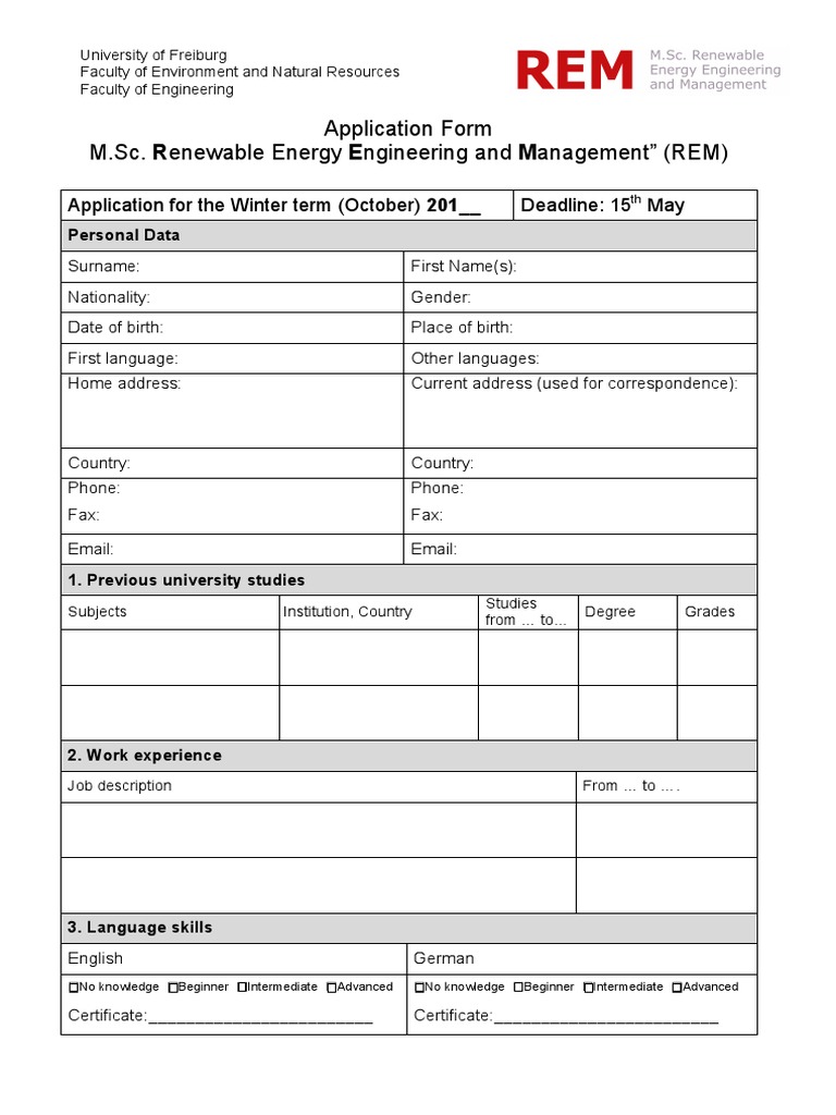 REM Application Form PDF Engineering Business