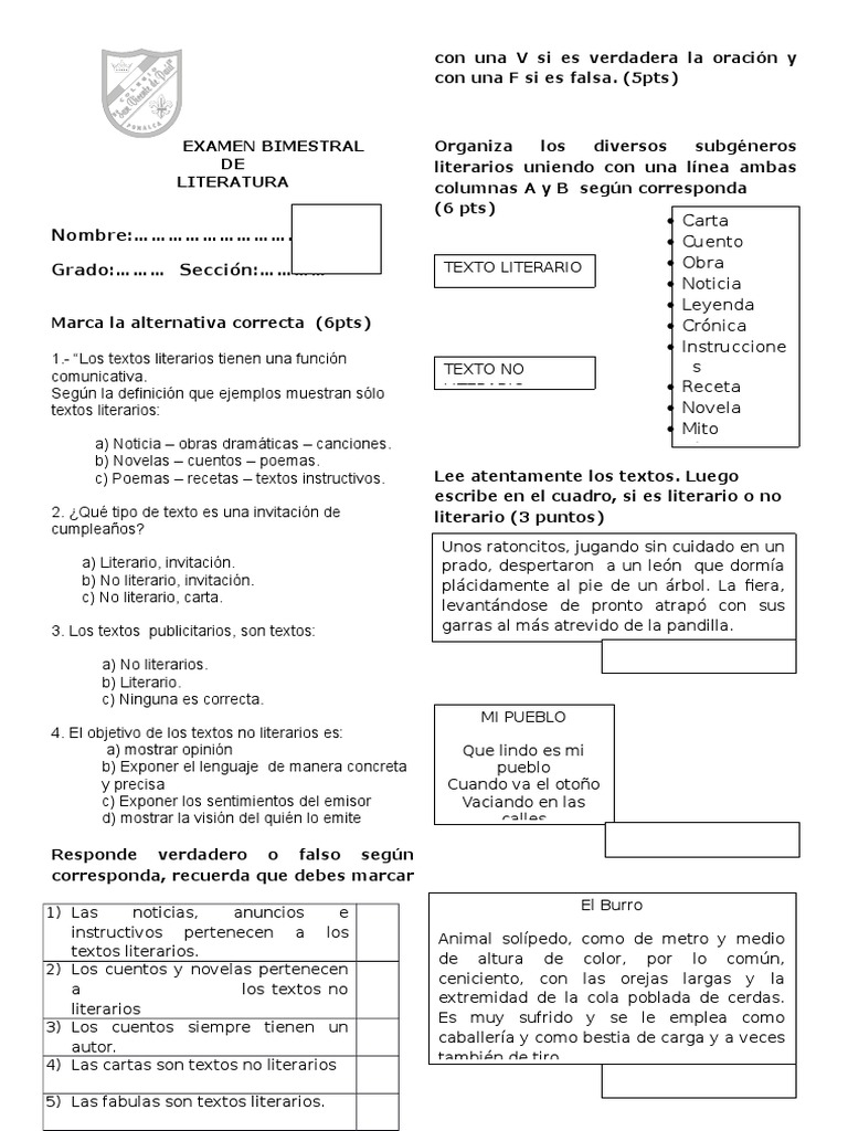 Examen De Textos Literarios Y No Literarios